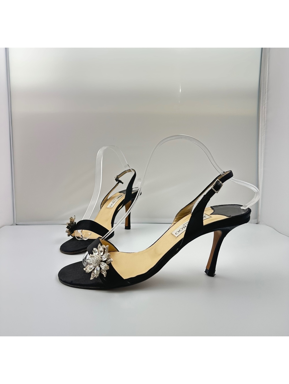 Jimmy Choo Vintage Black Satin Crystal Embellished Slingback Dress Evening shoe
